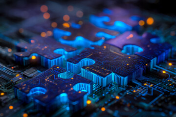 Illuminated circuit board with glowing microchip and electronic connections