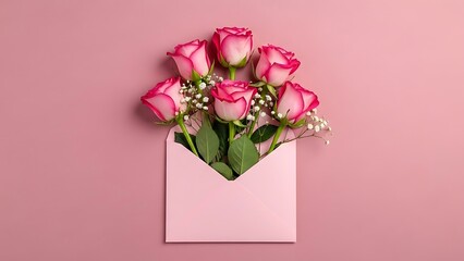 Pink Roses Flower Bouquet in Gift Box on Soft Pink Background