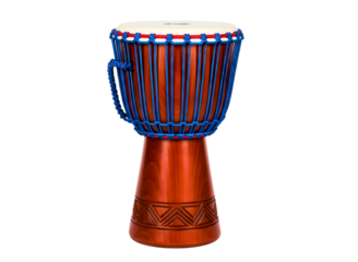 A traditional african djembe drum with blue beads on a transparent background
