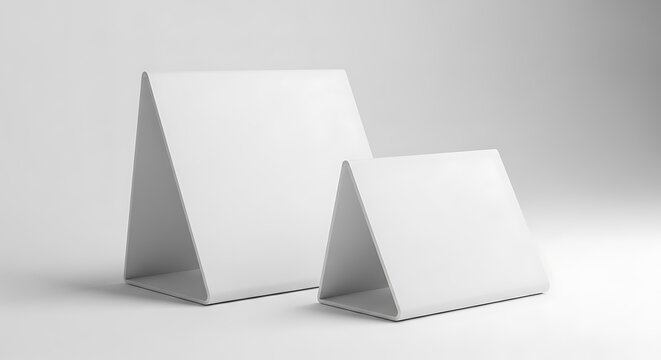 Two blank white triangular table tents, one large and one small, for menu display or promotions, isolated on a white background