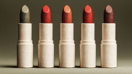 Row of five lipsticks with glittery tops. The lipsticks are all different colors and are lined up next to each other