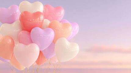 Bunch of balloons with hearts on them. The balloons are pink, white, and orange. The balloons are arranged in a way that they look like they are floating in the air. Concept of joy and celebration