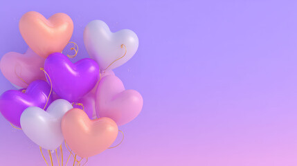 Bunch of balloons with hearts on them are floating in the air. The balloons are in different colors, including pink, purple, and white. The scene is set against a purple background