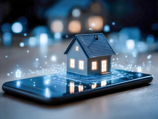 Modern digital home automation concept featuring a miniature illuminated house resting on a smartphone with futuristic glowing network connections and icons in a dark set