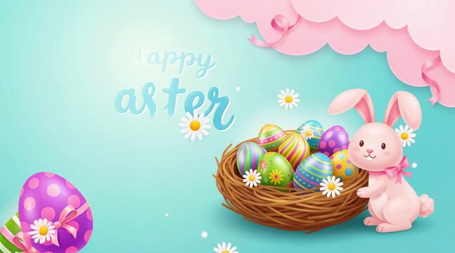 Cute pink bunny rabbit sitting with a small daisy flower against a light blue gradient background with pink paper clouds and ribbons, spring or easter illustration