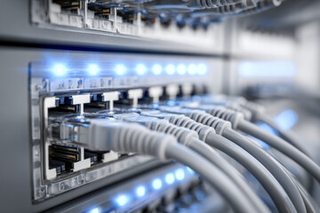 Network cables connected to a switch with glowing status lights indicating active data transmission in a modern server rack environment