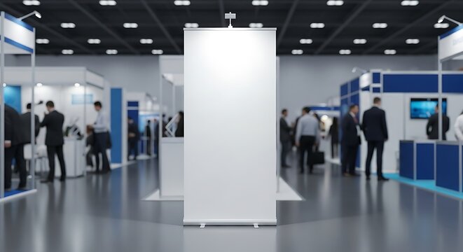 Blank white rollup banner stand mockup in a blurred trade show exhibition hall with people and various company booths, ready for custom design or advertisement