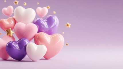 Bunch of hearts and stars on a purple background. The hearts are in different colors and sizes, and the stars are scattered around them. Scene is playful and whimsical, with the hearts