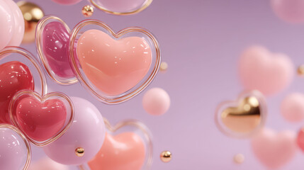 Bunch of pink hearts are floating in the air. The hearts are made of glass and are surrounded by gold. The image has a romantic and dreamy mood, as if the hearts are floating in a magical world