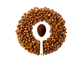 Coffee beans arranged in a spoon shape on transparent background
