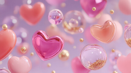 Bunch of hearts and stars are scattered around a purple background. The hearts are in various colors, including pink and purple, and the stars are scattered throughout the image