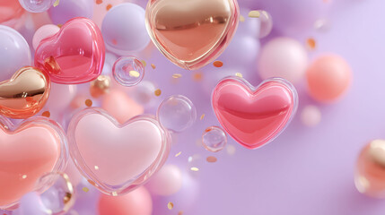 Bunch of hearts are floating in the air, with some of them being pink and others being gold. The scene is full of color and seems to be a celebration of love