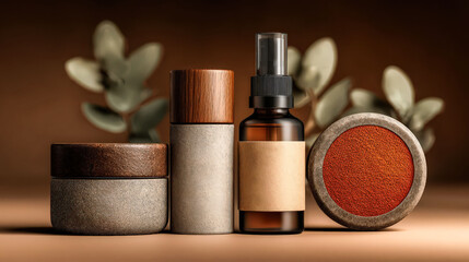 Collection of beauty products including a bottle of perfume, a jar of lotion, and a small container of powder