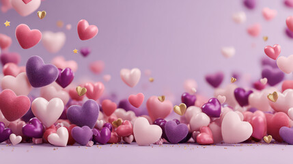 Bunch of hearts are flying in the air, with some of them being purple and pink. The scene is full of love and happiness, and it's a great way to celebrate Valentine's Day