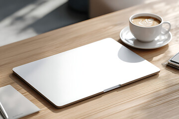 Modern workspace setup with laptop and coffee on wooden desk