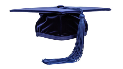 Dark blue graduation cap isolated PNG on transparent background, academic mortarboard with tassel for education and commencement