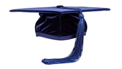 Dark blue graduation cap isolated PNG on transparent background, academic mortarboard with tassel for education and commencement