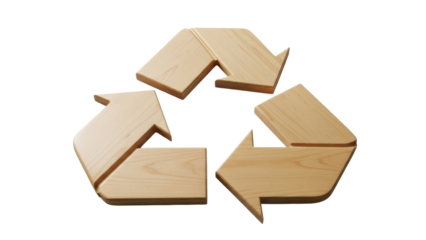 Wooden recycle symbol PNG isolated on transparent background, eco-friendly concept for environmental awareness and sustainability projects