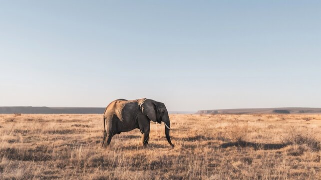 Large elephant walks in grassy field under a bright sky during a sunny day