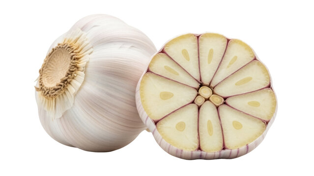 Fresh garlic bulb and cross section isolated PNG, healthy organic vegetable for cooking and flavoring on transparent background