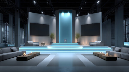 Conference Stage Designs. Meeting event scene, party scene design. Empty stage design for mockup and corporate identity, display. Platform elements in hall.