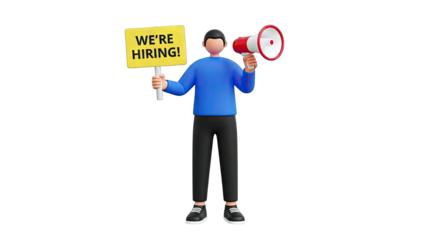 3D Man Announcing 'We're Hiring' with Megaphone