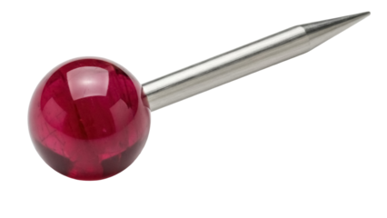 Red glass map pin isolated PNG on transparent background, shiny pushpin with metal needle for location and travel concepts