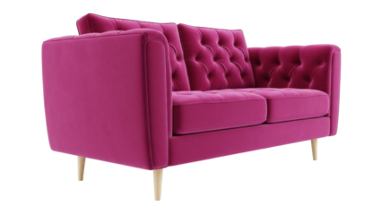 Elegant fuchsia velvet two-seater sofa isolated PNG, modern couch with tufted back and wooden legs for living room furniture design
