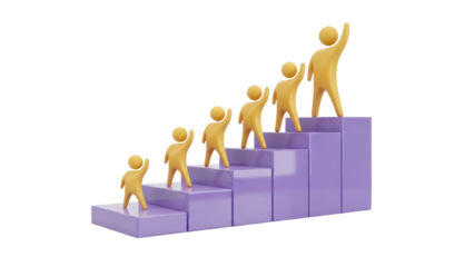 Yellow stick figures climbing purple steps isolated PNG, concept of career growth and success on transparent background
