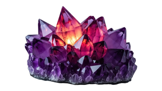 Amethyst crystal cluster PNG isolated on transparent background, purple gemstone geode for spiritual healing and home decor
