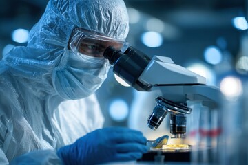 Research scientist in cleanroom suit analyzing samples with microscope in a high-tech laboratory setting