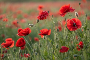 Red poppies field blooming in spring. Closeup view