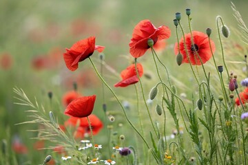 Red poppies field blooming in spring. Closeup view