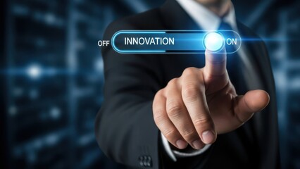 Innovation Switch Activation: Businessman finger moving a digital slider to turn on innovation for corporate growth and creative thinking
