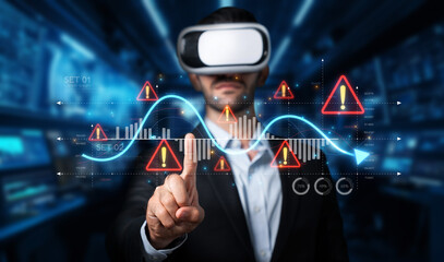 A businessman utilizes virtual reality technology to analyze stock market trends and alerts in a dynamic environment filled with data analytics and interactive charts. XDMCP