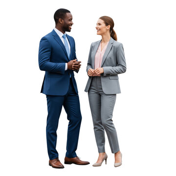 Business woman and man standing and talking together isolated on white or transparent background