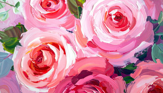 Abstract pink roses bouquet, floral botanical style, hand drawn art, oil painting texture