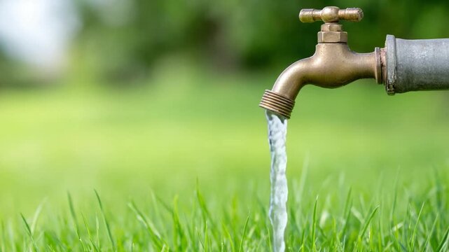 Water Flowing from Faucet in Nature: A faucet gushes forth a stream of refreshing water amidst vibrant green grass.
