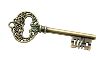 Ornate antique key isolated PNG on transparent background, vintage golden metal key with intricate design for decoration and design use