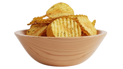 Delicious rippled potato chips in wooden bowl isolated PNG, crispy snack food for party and picnic on transparent background