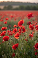 Red poppies field blooming in spring. Closeup view