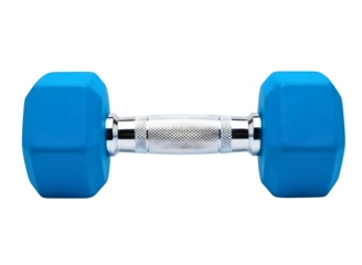 Blue dumbbell with silver handle isolated on transparent background for fitness and exercise