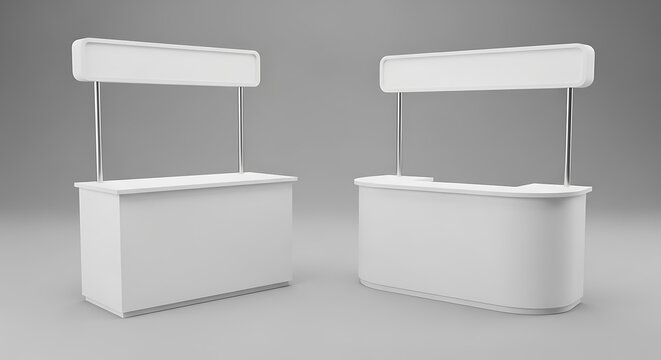 Two blank white promotional counters, one rectangular and one curved, with top banners, ideal for product display, events, and branding
