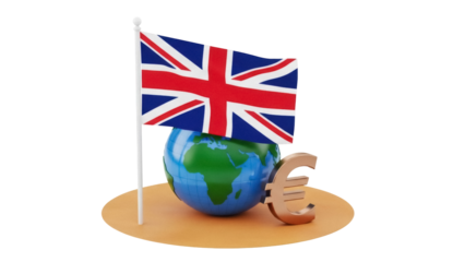 British flag on globe with euro sign isolated PNG, United Kingdom economy and global finance on transparent background