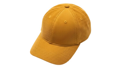 Golden yellow corduroy baseball cap isolated PNG, stylish headwear for casual fashion and sun protection on transparent background