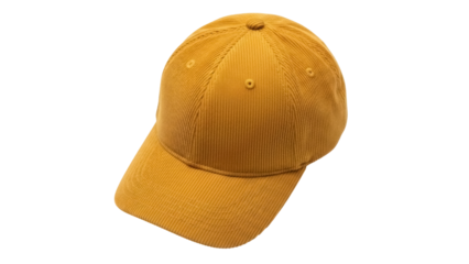 Golden yellow corduroy baseball cap isolated PNG, stylish headwear for casual fashion and sun protection on transparent background