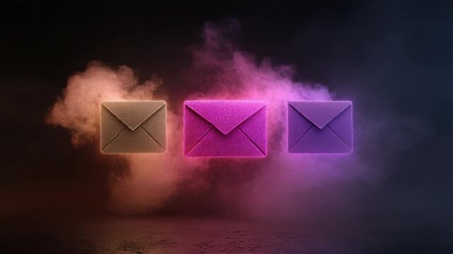 Glowing Envelopes: Three radiant envelopes shrouded in an ethereal mist, their vibrant colors illuminating a concept of communication and digital connection.