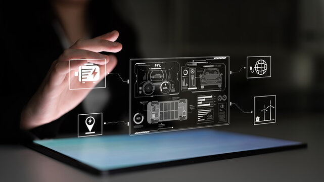 Smart interface showing electric vehicle performance, battery system, power control, charging status, and integration with renewable and grid-based energy sources Latch - Powered by Adobe
