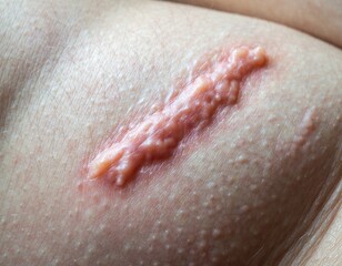 Close-up of a prominent keloid scar on human skin