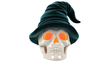 Spooky skull with glowing eyes and witch hat isolated PNG, Halloween decoration for scary holiday designs on transparent background